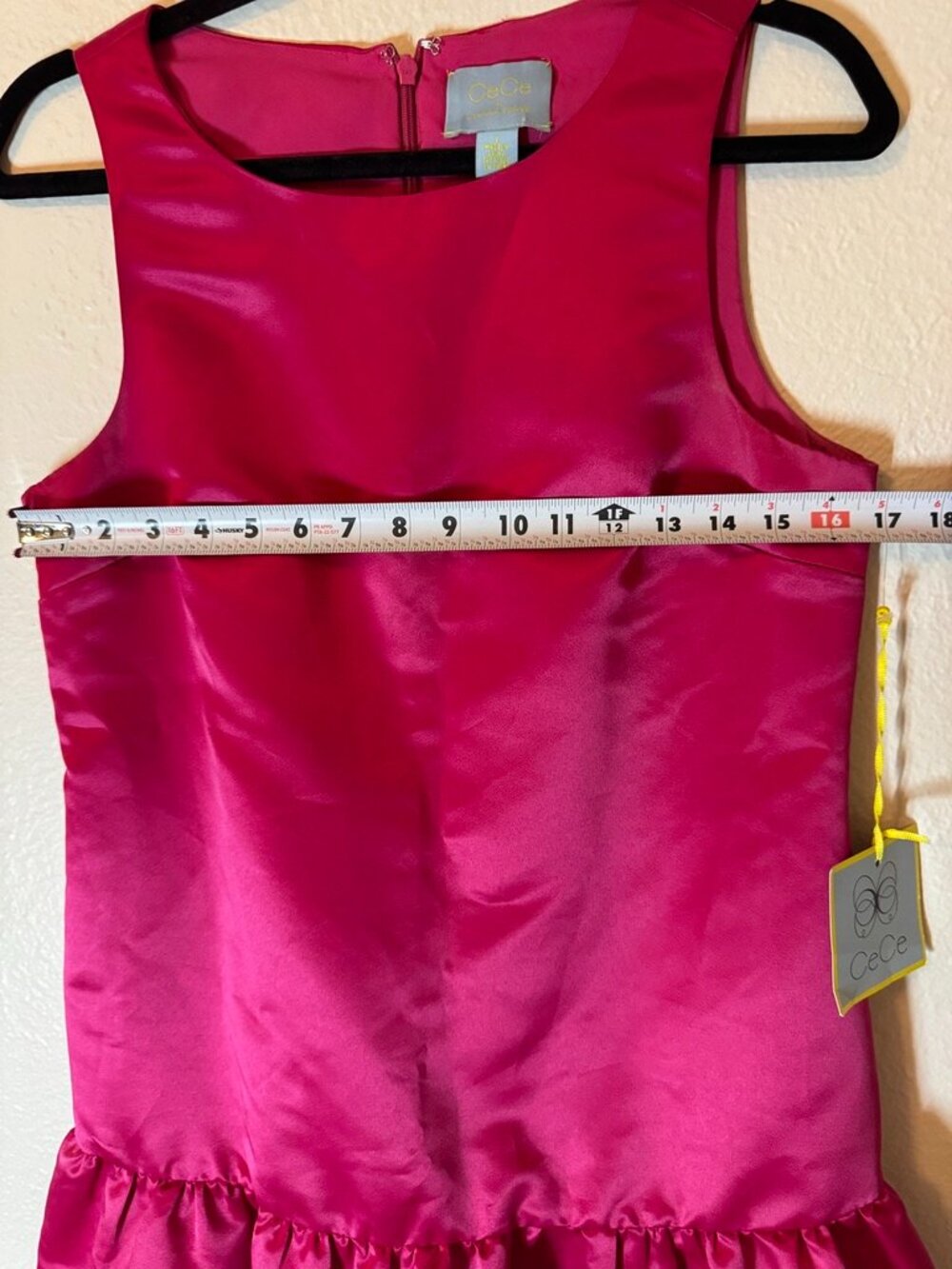 Cece Fuschia Satin Sleeveless Sheath MIni Dress Drop Waist Ruffle Hem Size 8 - Picture 9 of 14